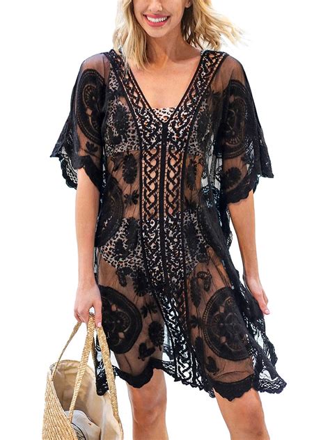 Swimsuit Cover Ups For Women V Neck Hollow Out Crochet Lace Summer Beach Cover Up Dress