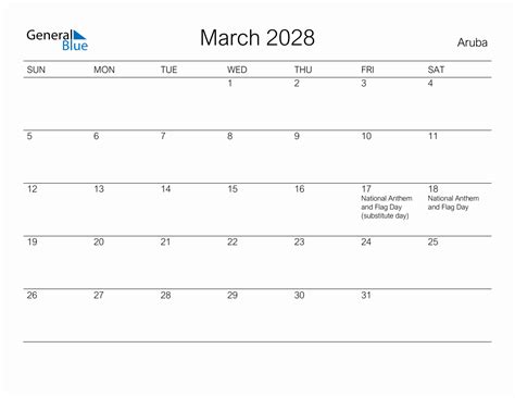 Printable March 2028 Monthly Calendar With Holidays For Aruba