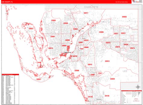 Lee County Fl Zip Code Wall Map Red Line Style By Marketmaps