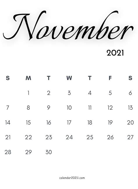 November 2021 Calligraphy Calendar Free Printable Calendar Templates