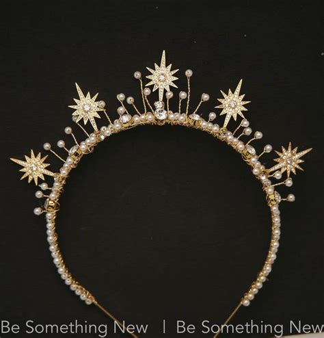 gold star celestial wedding crown rhinestone and pearl etsy in 2020 pearl headpiece gold