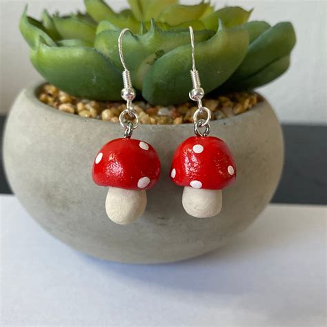 Mushroom Polymer Clay Dangling Earrings Cottagecore Etsy