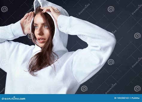 Stylish Girl Beautiful Woman Close Up Portrait Sensual Brunette Touching Head Stock Image
