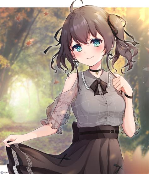 Safebooru 1girl Absurdres Ahoge Aqua Eyes Autumn Autumn Leaves Bangs Bare Shoulders Belt Black