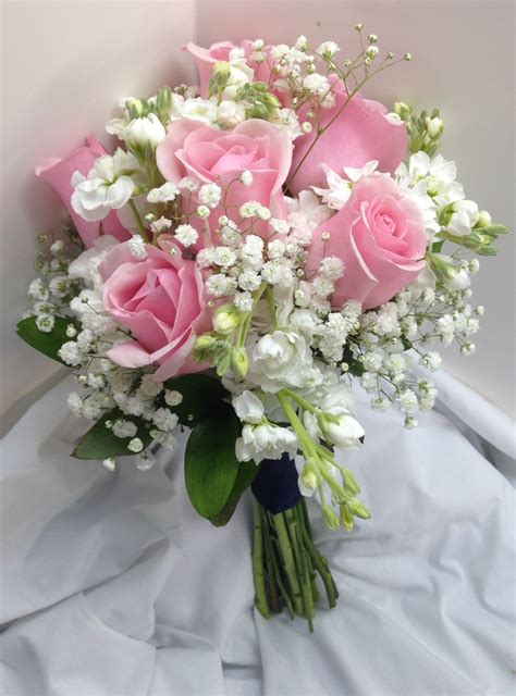 Bridal Bouquet With Pink Roses White Mini Carnations And Baby S Breath