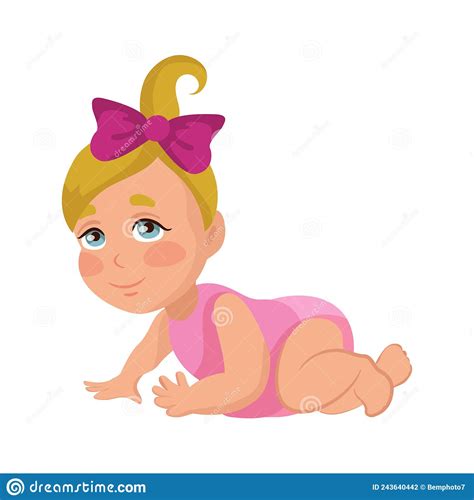 Baby Girl Learning To Crawl Isolate On White Background Vector Stock