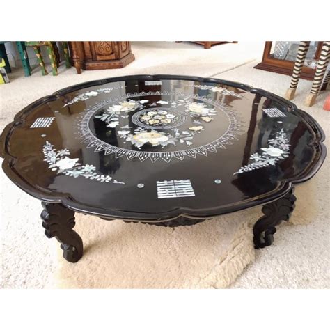 Asian Antique Pearl Inlay Black Lacquered Korean Folding Coffee Table