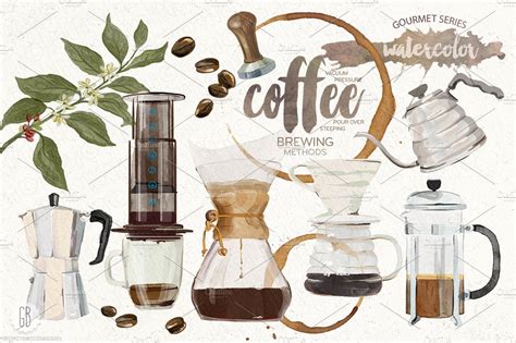 Avoid heating your water or coffee in the microwave and use either hot or boiling water depending on the brewing method you choose for optimum flavor. Watercolor coffee brewing methods | Pre-Designed Photoshop ...