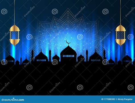Ramadan Kareem Background With Mosque Silhouettes And Hanging Lanterns