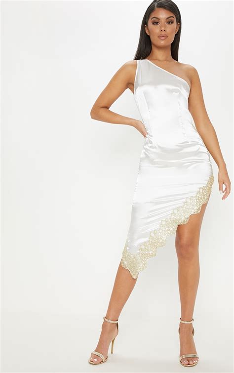 White Satin Asymmetric Gold Trim Dress Prettylittlething Usa
