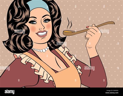pop art retro woman with apron tasting her food stock vector image and art alamy