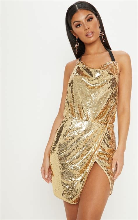 Gold Sequin Cowl Neck Bodycon Dress Dresses Prettylittlething Ca