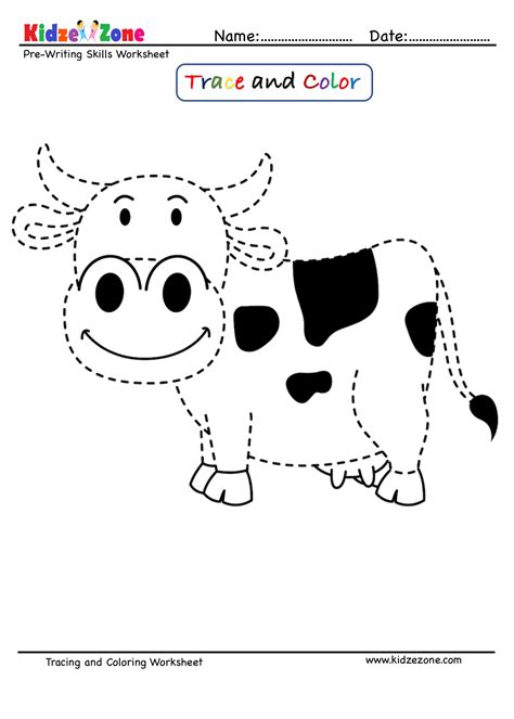 Cow Cartoon Trace And Color Worksheet Kidzezone