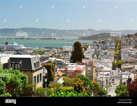 Colorful San Francisco Skyline At Sunny Day Time Row Of Homes In San