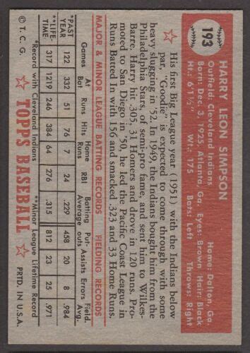 1952 Topps Baseball 193 Harry Simpson Rc Inv 4176 Ebay
