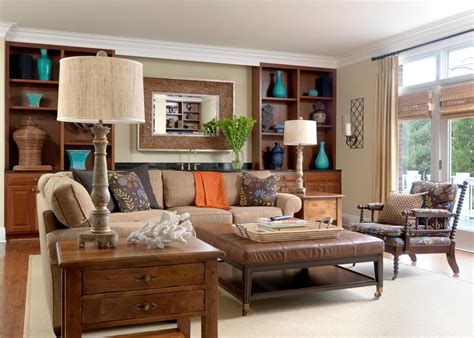Neutral Transitional Living Room With Leather Ottoman Hgtv