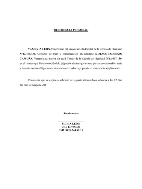 Modelo De Referencia Personal Venezuela Richard Torres Ejemplo De Carta