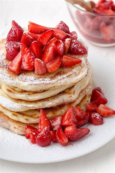 Strawberry Pancakes With Powdered Sugar Summer Brunch Stock Photo