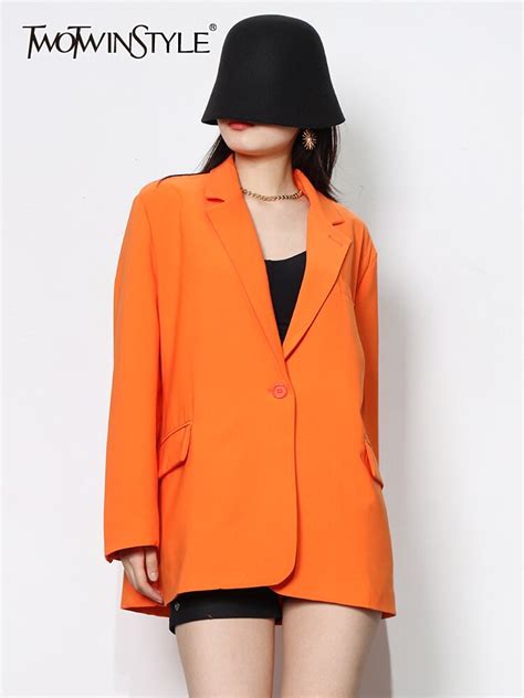 Twotwinstyle Casual Blazer For Women Notched Collar Long Sleeve Solid Minimalist Straight