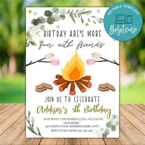 Printable Camping Birthday Party Invitation Template Diy Bobotemp