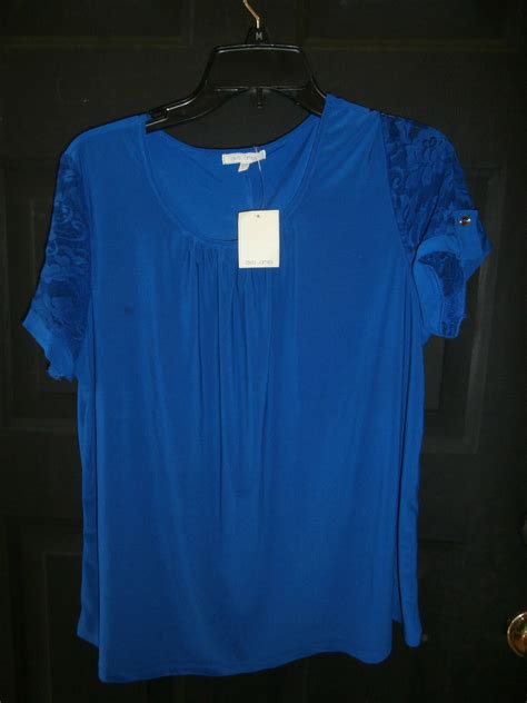 New Nwt Ava James Top Large Royal Blue Blouse Lace Sleeves Spandex Mach