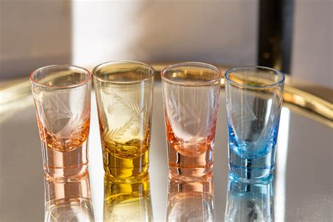 Set Of 4 Vintage Colored Shot Glasses With Etched Floral Design 1960 S Cocktail Barware