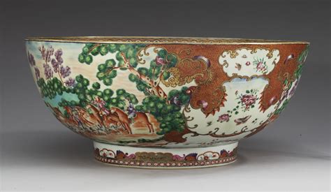 A Large Famille Rose European Subject Hunting Punch Bowl Qing Dynasty Qianlong 1736 95