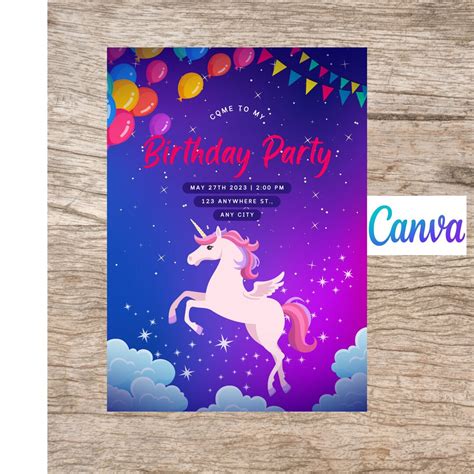 Digital Unicorn Party Invitationbirthday Party Invite Canva Etsy