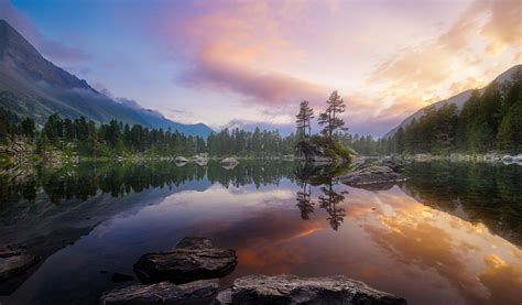 Photography Nature Landscape Lake Calm Waters Reflection Forest Sunset