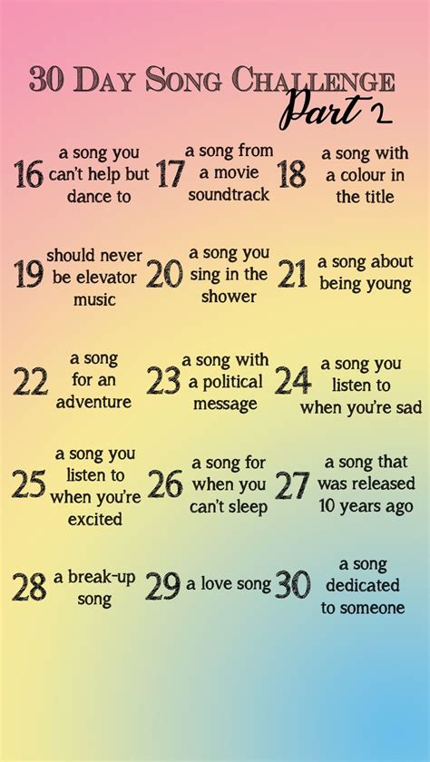 30 Day Song Challenge Part 2 | 30 day song challenge, Song challenge, Music challenge