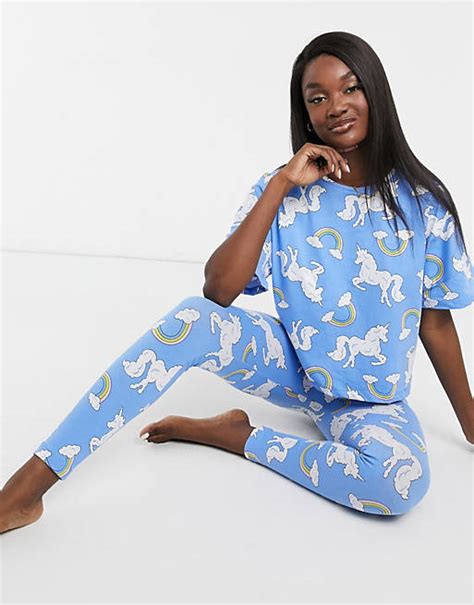 Asos Design Rainbow Unicorn Tee And Legging Pyjama Set In Blue Asos