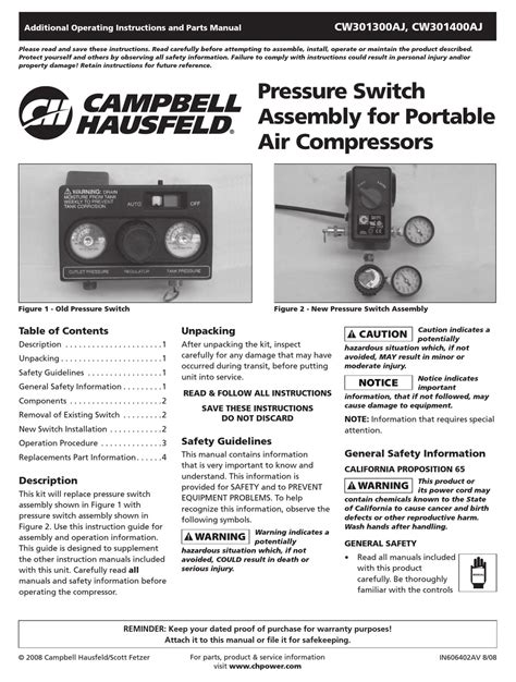 Campbell Hausfeld Cw Aj Operating Instructions And Parts Manual