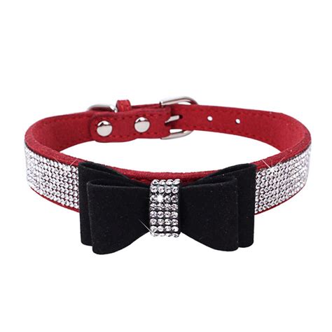 Bow Tie Rhinestones Dog Collar Shiny Crystal Studded Leather Wide Bling