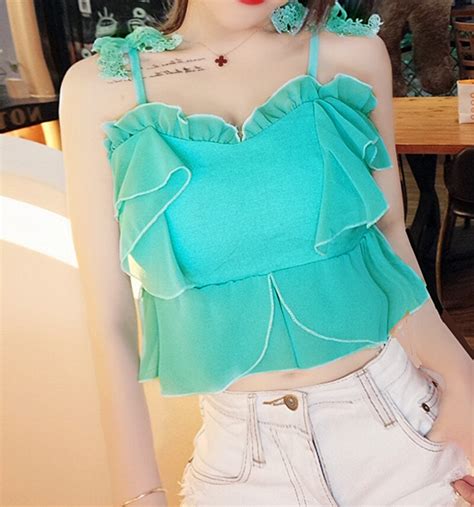 Korean Fashion Clothing Fashion Brand Summer Party Blouse Ruffles Women Crop Top Vest Shirts Off