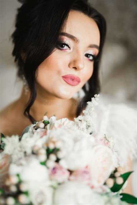 portrait of stunning bride with long hair posing with great bouquet stock image image of alone