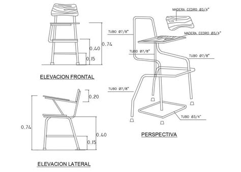 Aluminium Student Chair Elevation And Perspective View Cad Drawing