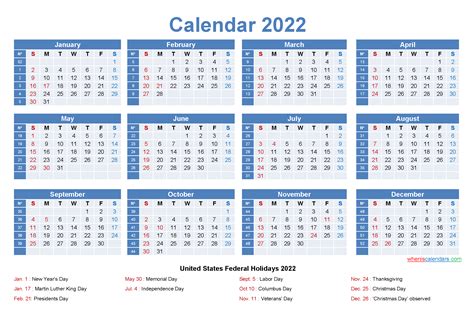 2022 Calendar With Week Numbers