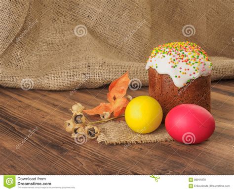 Easter Cake And Easter Colored Egg With Dry Flower Russian And Ukrainian Orthodox Slavic