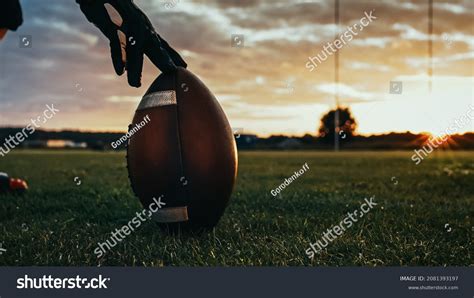 American Football Kickoff Game Start Closeup Stock Photo 2081393197
