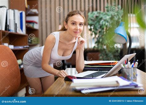 Portrait Of A Young Woman Business Manager Working At A Computer Stock Image Image Of