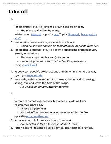 Take Off 1 Phrasal Verb Definition Pictures Pronunciation And Usage