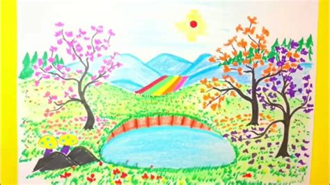 How To Draw Spring Season And Mountain Landscape Scenery Drawing