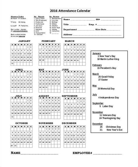 Attendance Calendar Templates Calendar Template Attendance Sheet