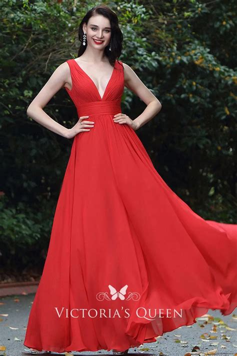 Red Chiffon Deep V Neck Sleeveless A Line Long Simple Prom Dress Vq