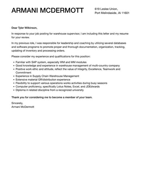 Warehouse Supervisor Cover Letter Velvet Jobs