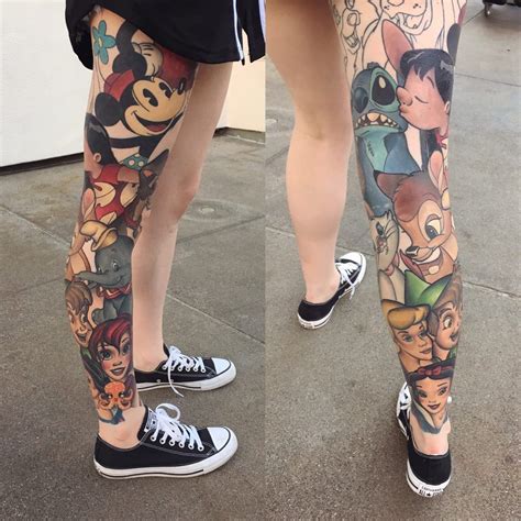 Amazing Leg Sleeve Of Disney Characters Disney Tattoos Cartoon