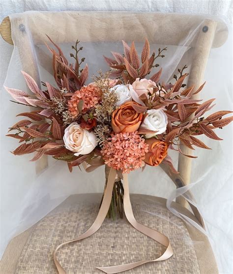 Terracotta Rust Orange And Gold Bridal Bouquet Boho Wedding Etsy Uk