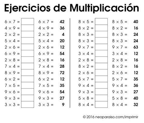 Ejercicios De Multiplicación Para Imprimir Tablas De Multiplicar