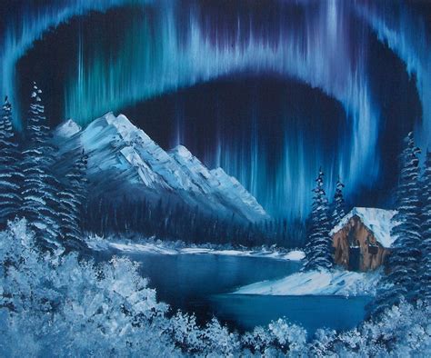 An Acrylic Painting Of The Northern Lights Over A Snowy Mountain Lake