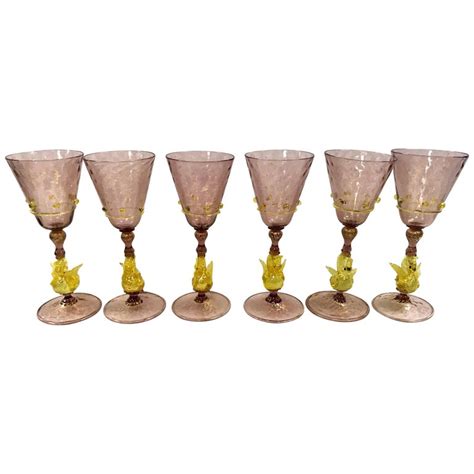 Set Of Six Salviati Venetian Murano Glass Stemware Glasses Stems Goblets Italy At 1stdibs